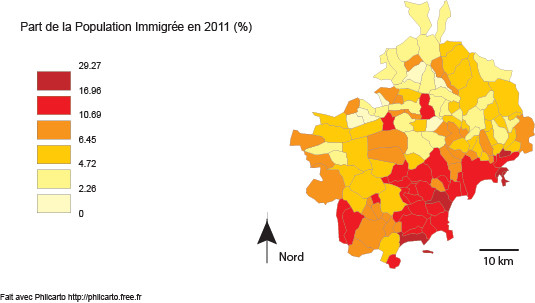 Part de la population immigrée en 2011 (Source : Insee - Romain GAYMAY)